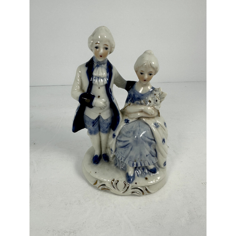 England Staffordshire Couple Seated Woman with Flowers Cobalt Glass Ceramic